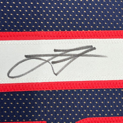 Framed Autographed/Signed Nikola Jokic 35x39 Denver Dark Blue Basketball Jersey JSA COA