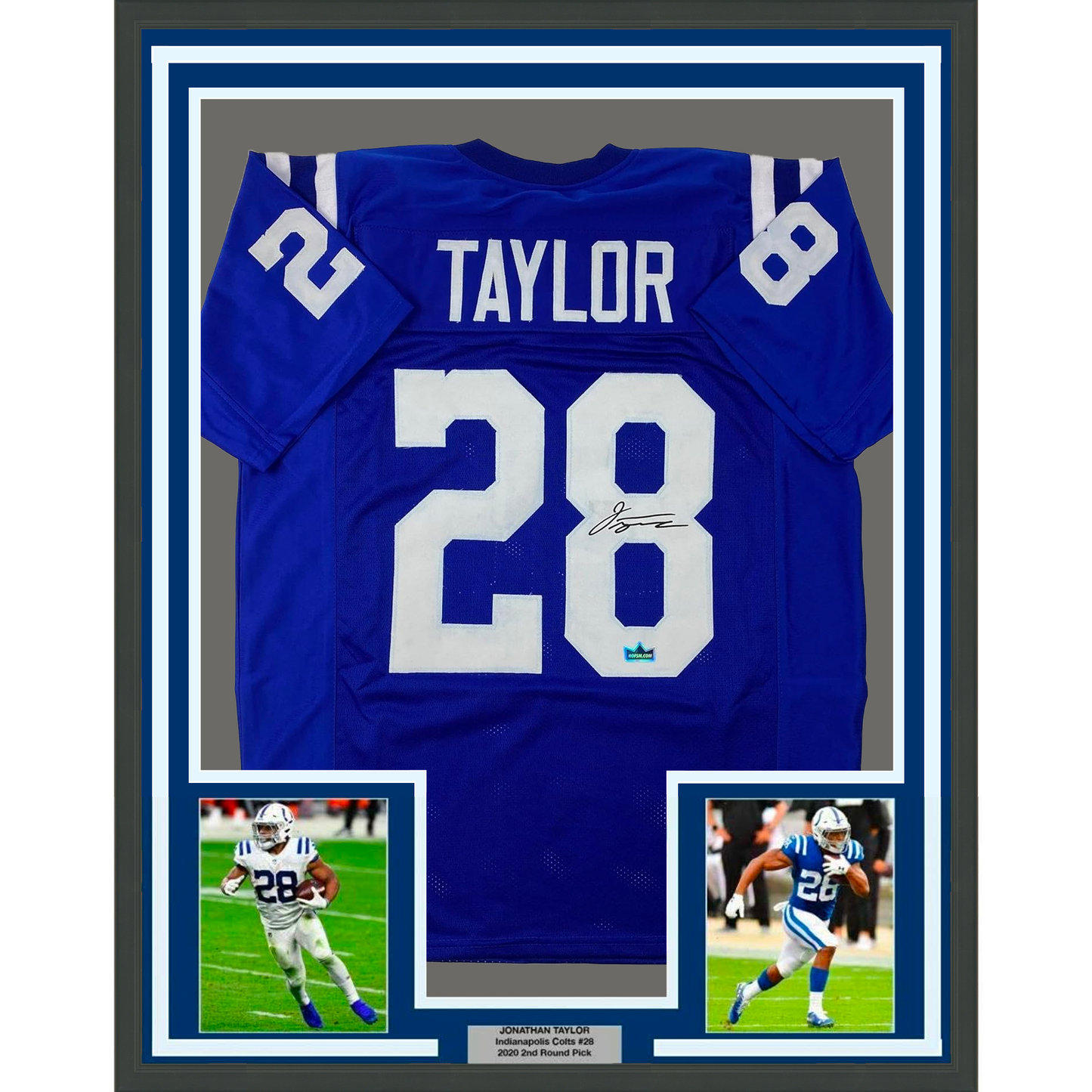 Framed Facsimile Autographed Jonathan Taylor 35x39 Indianapolis Blue Reprint Laser Auto Football Jersey