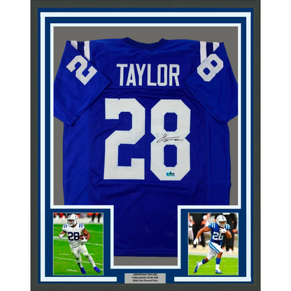 Framed Facsimile Autographed Jonathan Taylor 35x39 Indianapolis Blue Reprint Laser Auto Football Jersey