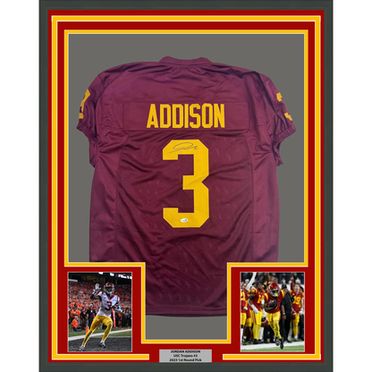 Framed Autographed/Signed Jordan Addison 35x39 USC Southern Cal Red College Football Jersey JSA COA