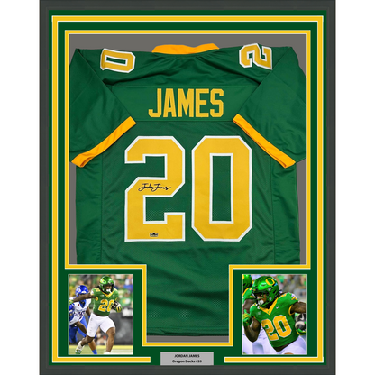 Framed Facsimile Autographed Jordan James 35x39 Oregon Green Reprint Laser Auto College Football Jersey
