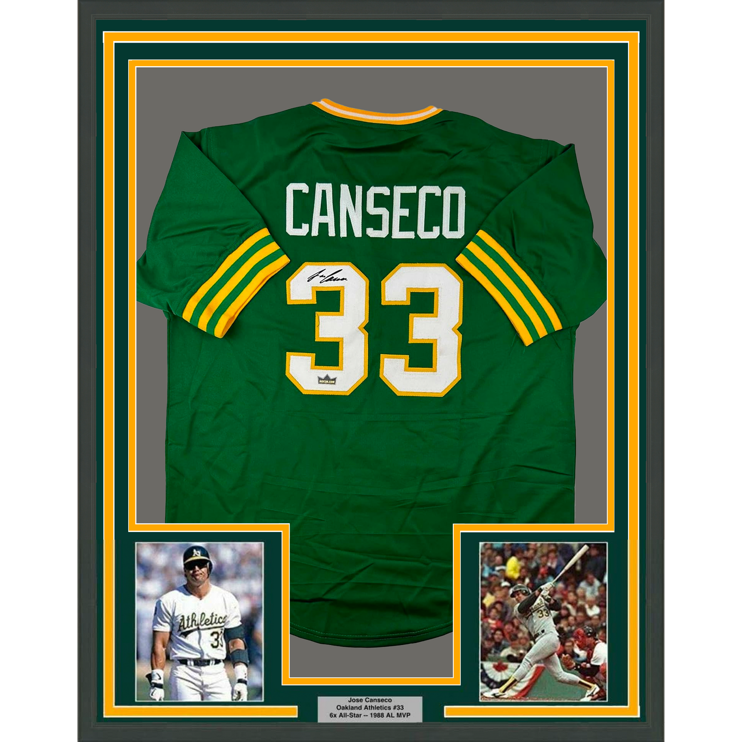 Framed Facsimile Autographed Jose Canseco 35x39 Oakland Green Reprint Laser Auto Baseball Jersey