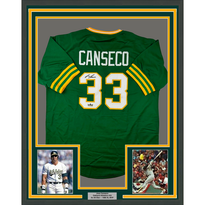 Framed Facsimile Autographed Jose Canseco 35x39 Oakland Green Reprint Laser Auto Baseball Jersey