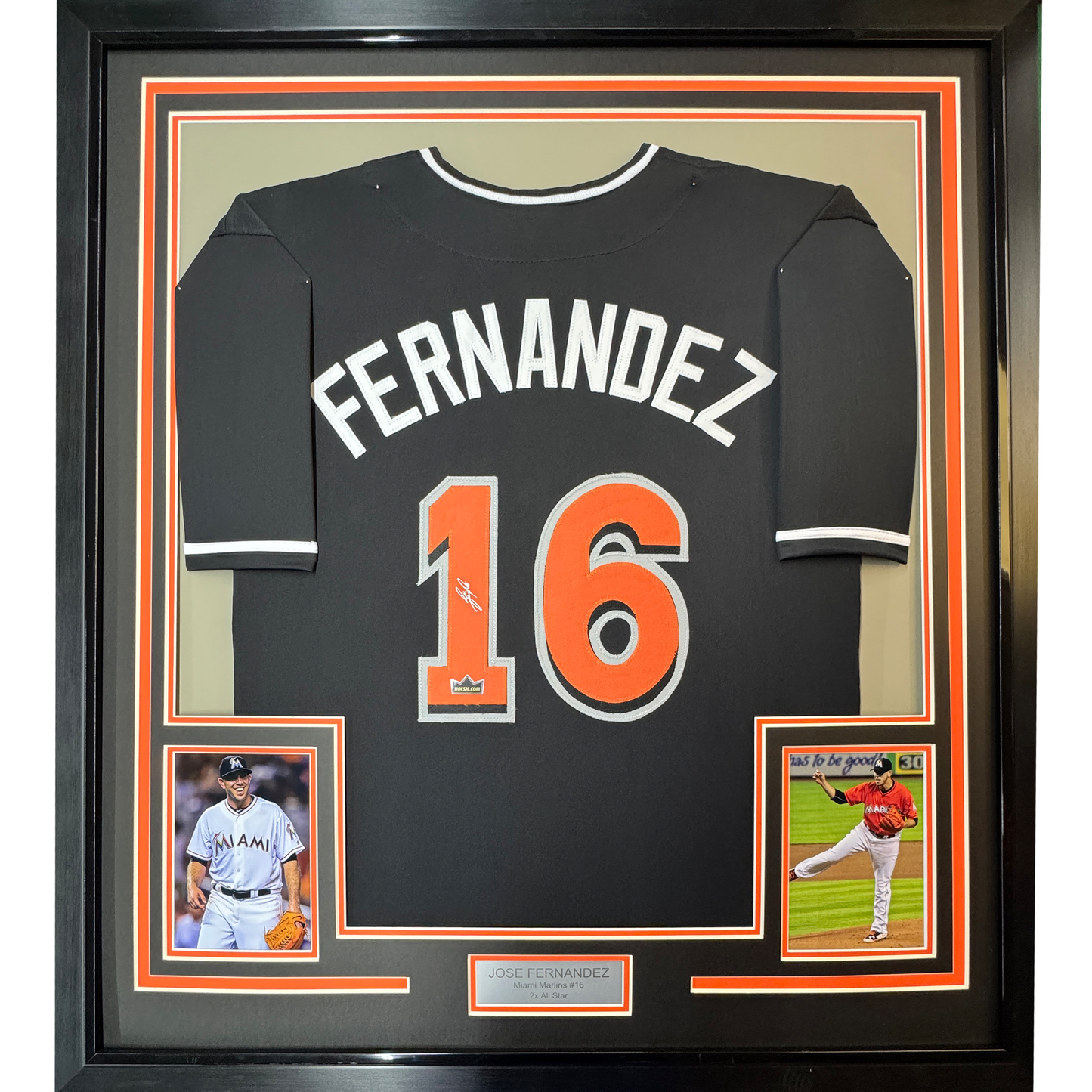 Framed Facsimile Autographed Jose Fernandez 35x39 Miami Black Reprint Laser Auto Baseball Jersey