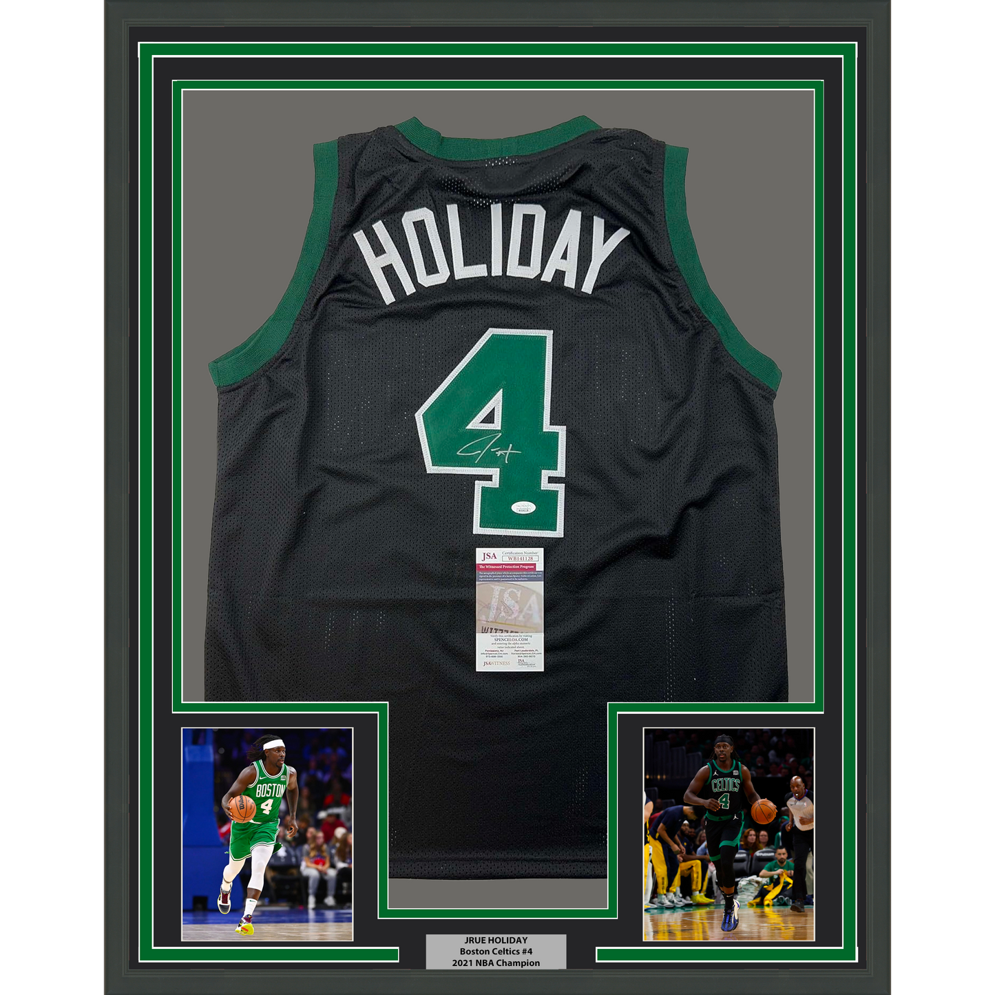 Framed Autographed/Signed Jrue Holiday 35x39 Boston Black Basketball Jersey JSA COA