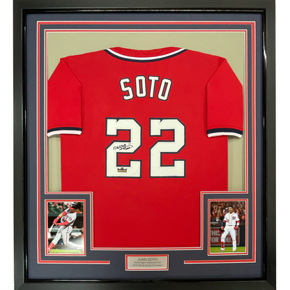 Framed Facsimile Autographed Juan Soto 35x39 Washington Red Reprint Laser Auto Baseball Jersey
