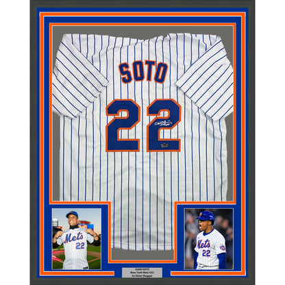 Framed Facsimile Autographed Juan Soto 35x39 New York Pinstripe Reprint Laser Auto Baseball Jersey