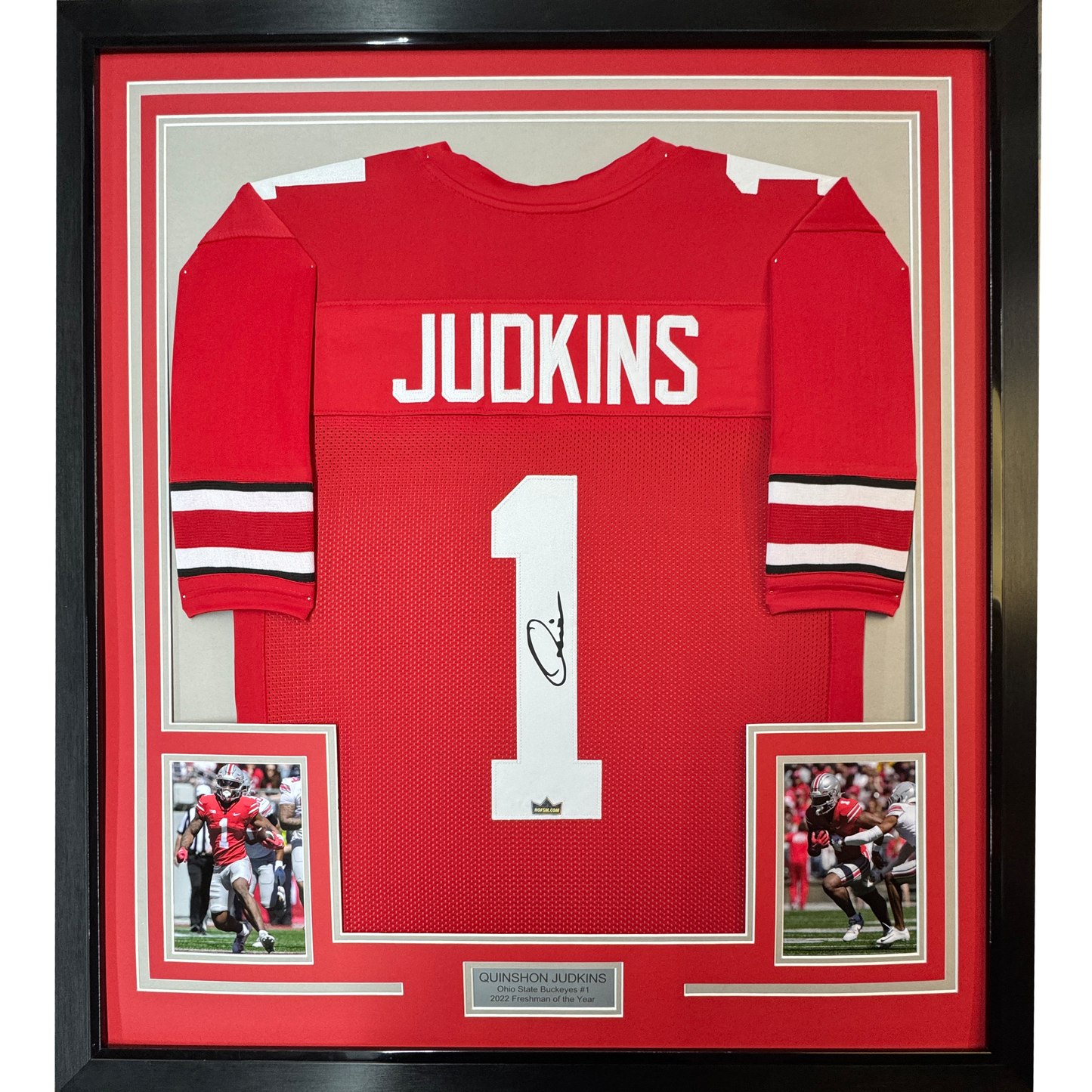 Framed Facsimile Autographed Quinshon Judkins 35x39 Ohio State Red Reprint Laser Auto College Football Jersey