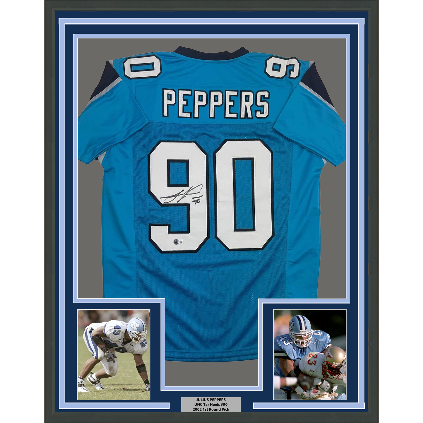 Framed Autographed/Signed Julius Peppers 35x39 Carolina Blue Football Jersey Beckett BAS COA