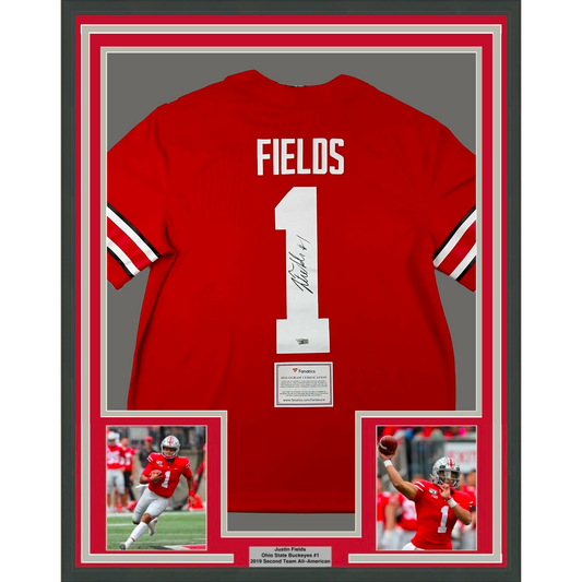 Framed Autographed/Signed Justin Fields 35x39 Ohio State Buckeyes Red College Football Jersey Fanatics COA