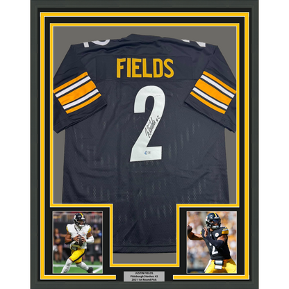 Framed Autographed/Signed Justin Fields 35x39 Pittsburgh Black Football Jersey Beckett BAS COA