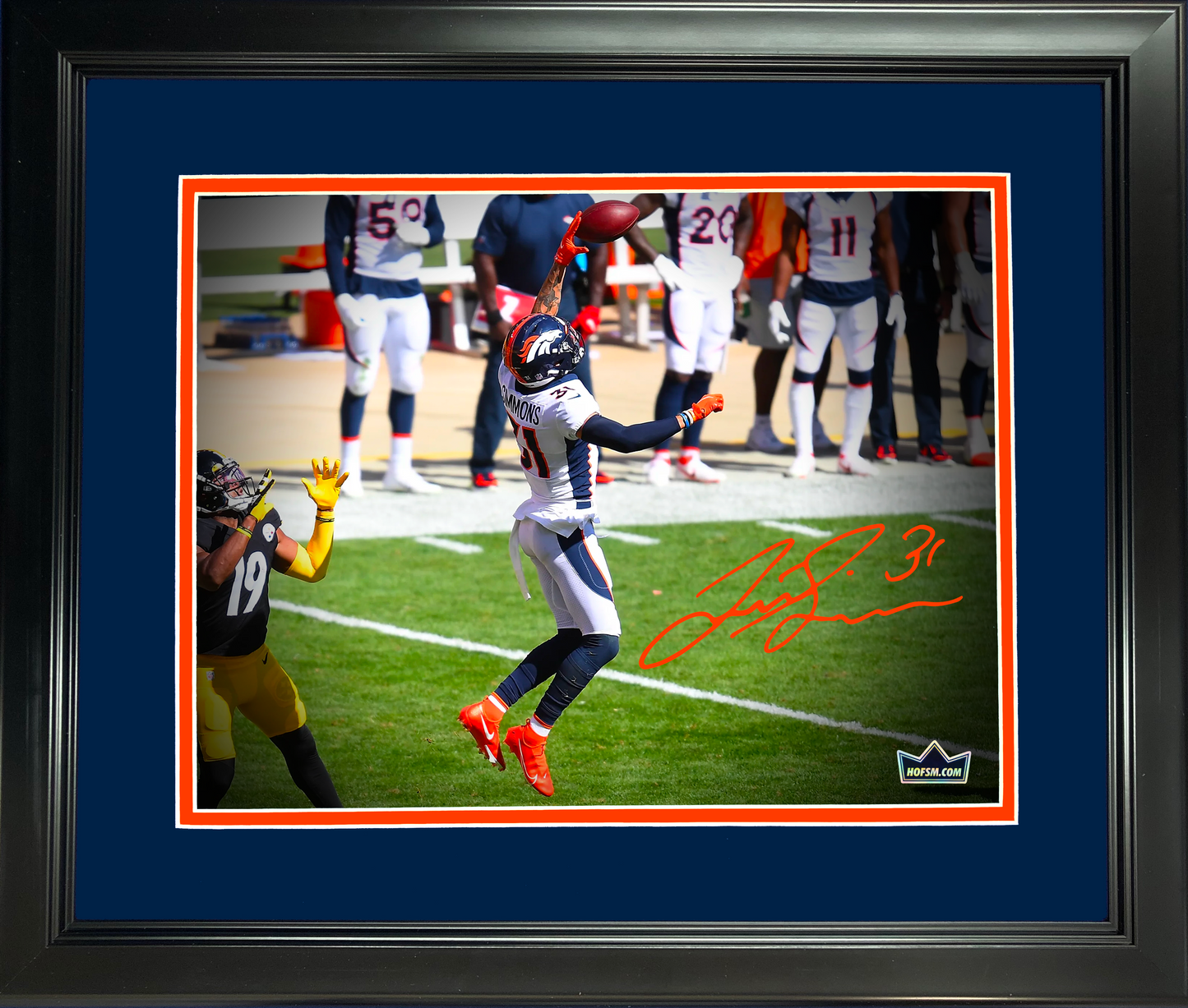 Framed Justin Simmons Denver Broncos Facsimile Laser Engraved Signature Auto 11"x14" Football Photo HOFSM Holo