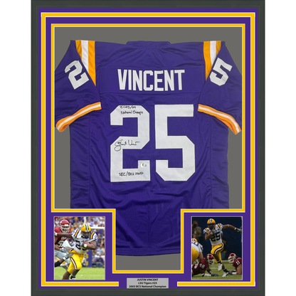 Framed Autographed/Signed Justin Vincent 35x39 LSU Purple College Football Jersey Beckett BAS COA