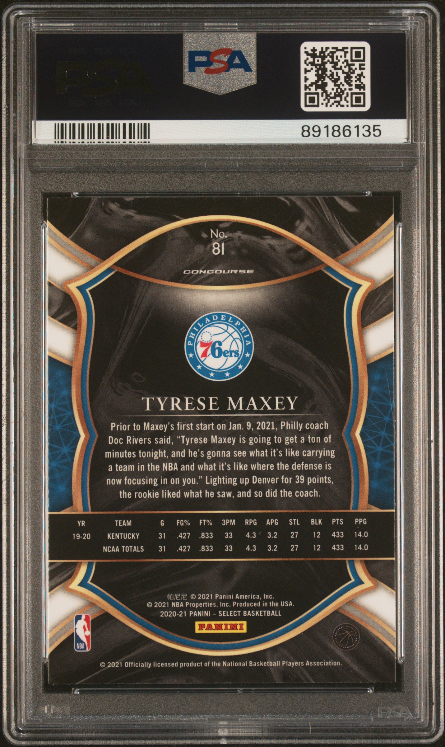 Graded 2020 Panini Select Tyrese Maxey #81 Rookie RC Basketball Card PSA 10 Gem Mint