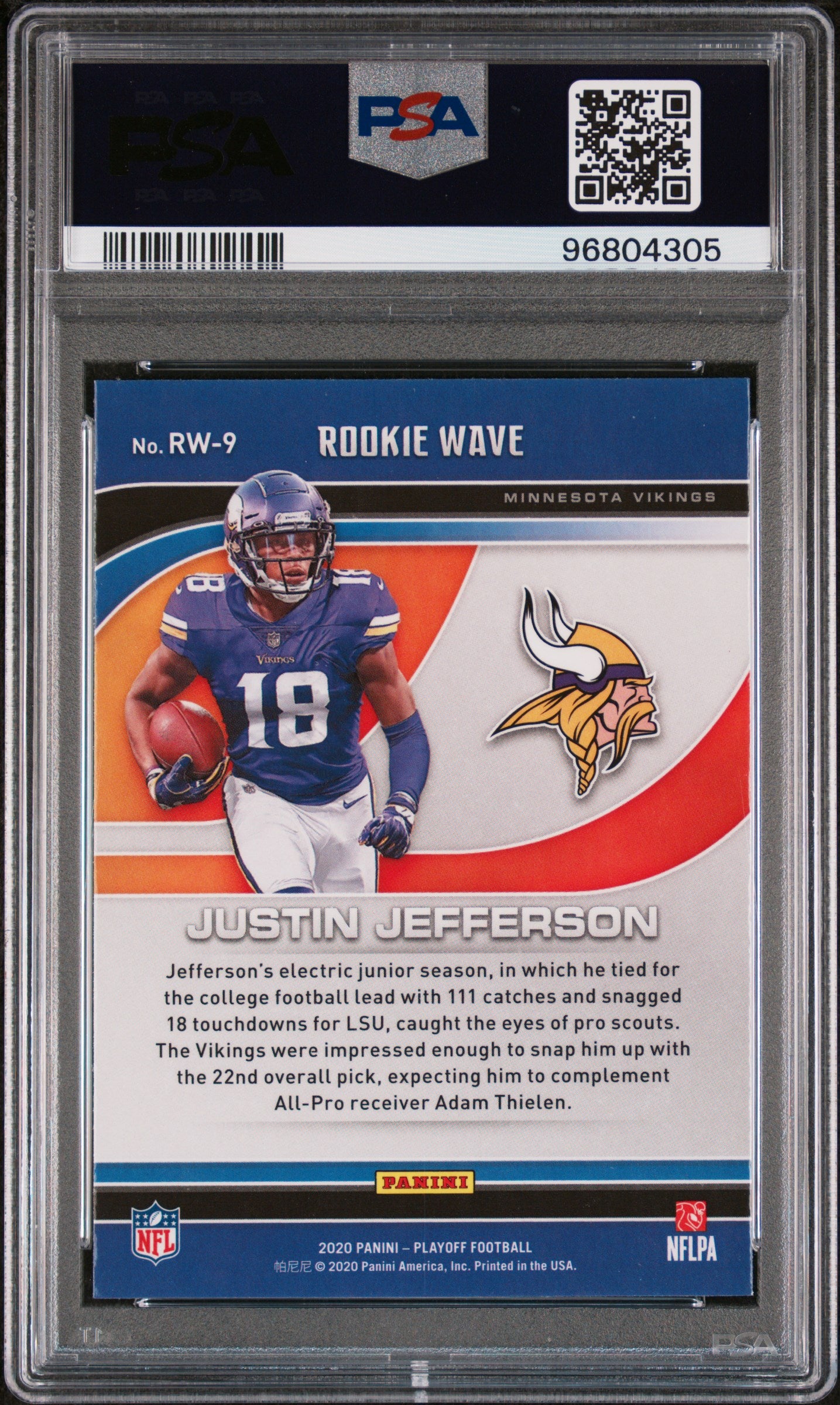 Graded 2020 Panini Playoff Justin Jefferson #RW9 Rookie Wave Rookie RC Football Card PSA 10 Gem Mint
