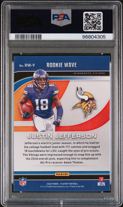 Graded 2020 Panini Playoff Justin Jefferson #RW9 Rookie Wave Rookie RC Football Card PSA 10 Gem Mint