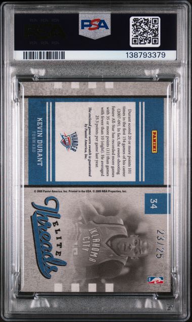 Graded 2009 Panini Donruss Elite Kevin Durant #34 /25 Elite Threads Prime Game Worn Relic Basketball Card PSA 10 Gem Mint