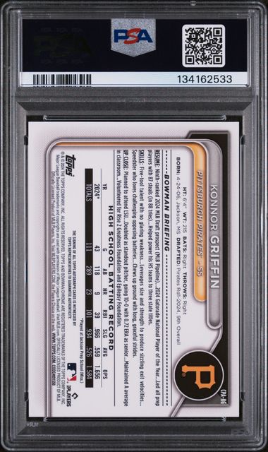 Graded 2024 Topps Bowman Draft Konnor Griffin #CPAKG Chrome Prospect Auto 1st Bowman Rookie RC Baseball Card PSA 9 Mint