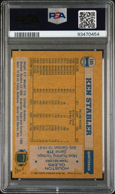 Graded 1982 Topps Ken Stabler #105 Football Card PSA 7 Near Mint