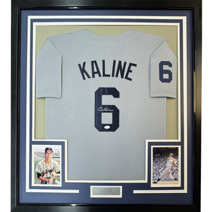Framed Autographed/Signed Al Kaline 35x39 Detroit Grey Baseball Jersey JSA COA