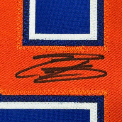 Framed Autographed/Signed Evander Kane 35x39 Edmonton Blue Hockey Jersey JSA COA