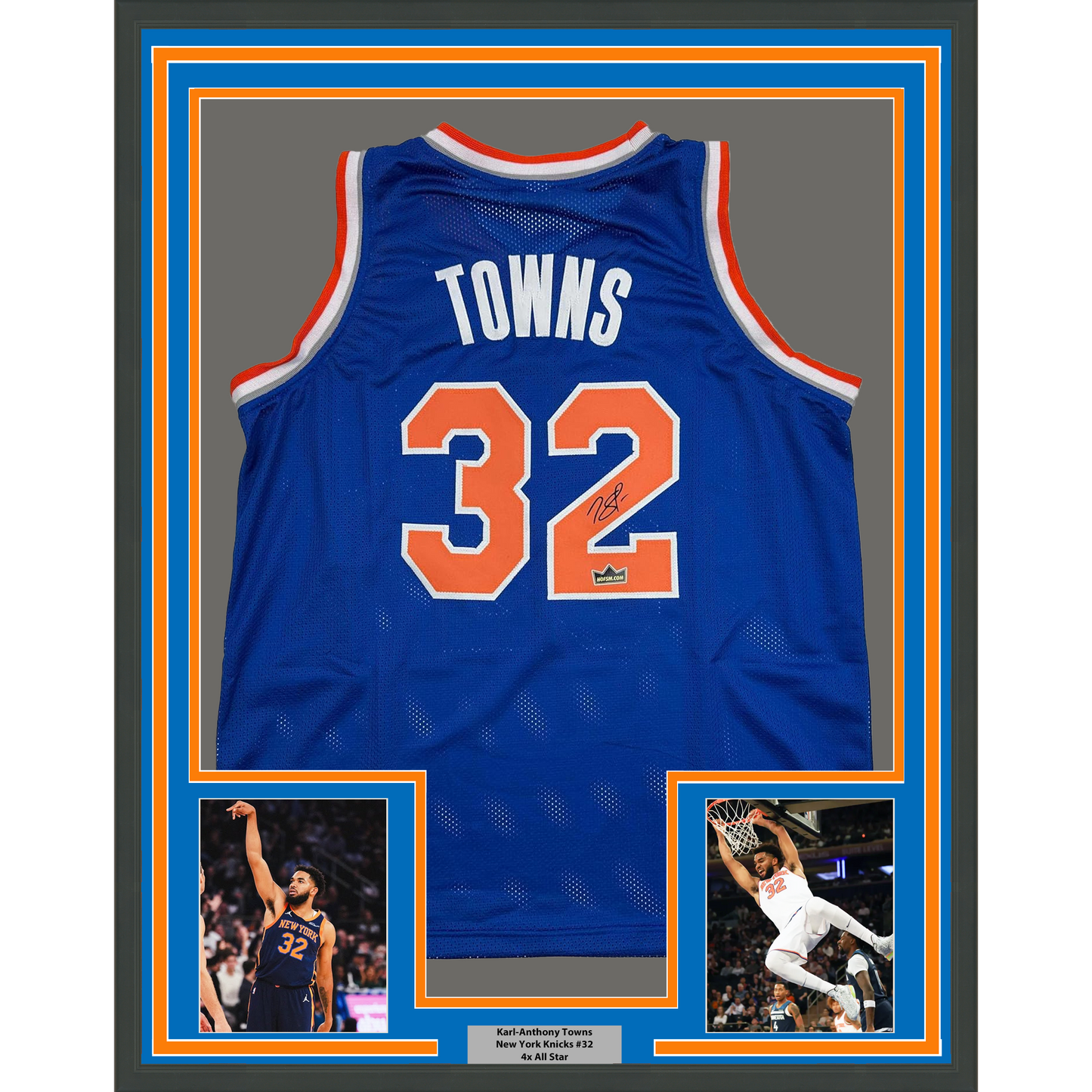 Framed Facsimile Autographed Karl-Anthony Towns 35x39 New York Blue Reprint Laser Auto Basketball Jersey