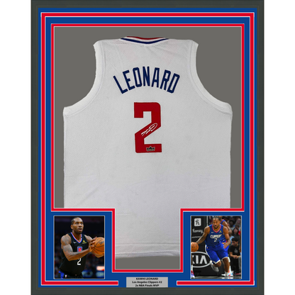 Framed Facsimile Autographed Kawhi Leonard 35x39 Los Angeles LA White Reprint Laser Auto Basketball Jersey