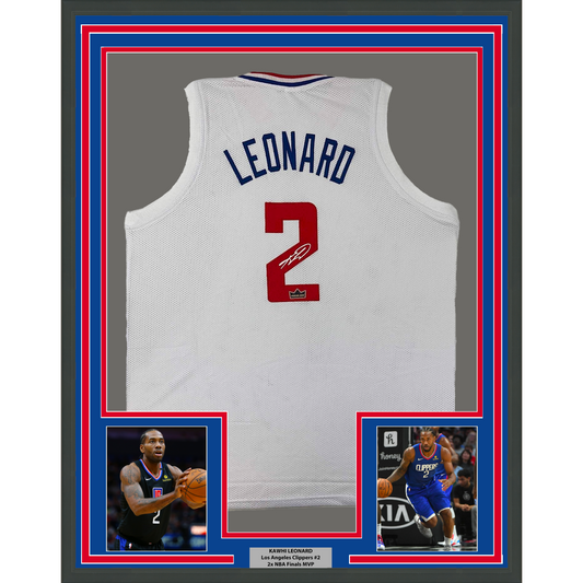 Framed Facsimile Autographed Kawhi Leonard 35x39 Los Angeles LA White Reprint Laser Auto Basketball Jersey