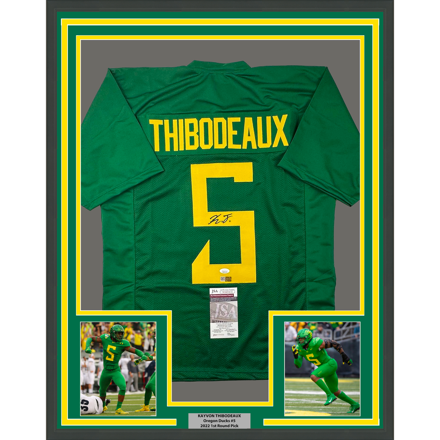 Framed Autographed/Signed Kayvon Thibodeaux 35x39 Oregon Green College Football Jersey JSA COA