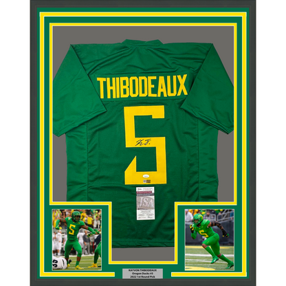 Framed Autographed/Signed Kayvon Thibodeaux 35x39 Oregon Green College Football Jersey JSA COA