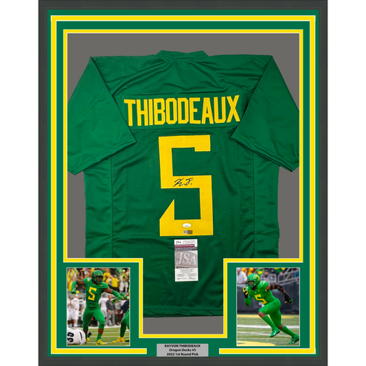 Framed Autographed/Signed Kayvon Thibodeaux 35x39 Oregon Green College Football Jersey JSA COA