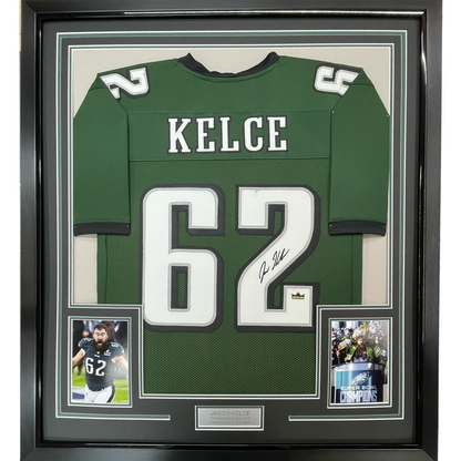 Framed Facsimile Autographed Jason Kelce 35x39 Philadelphia Green Reprint Laser Auto Football Jersey