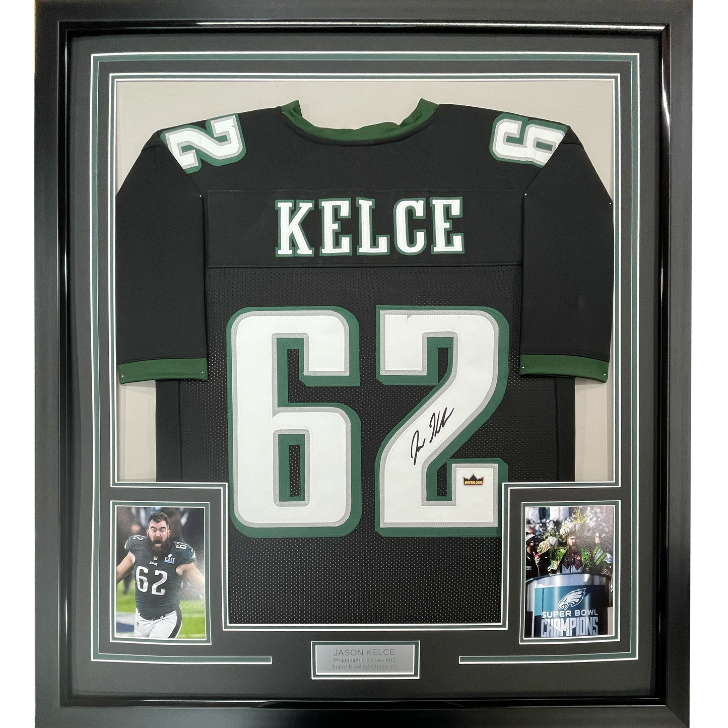 Framed Facsimile Autographed Jason Kelce 35x39 Philadelphia Black Reprint Laser Auto Football Jersey
