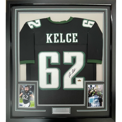 Framed Facsimile Autographed Jason Kelce 35x39 Philadelphia Black Reprint Laser Auto Football Jersey