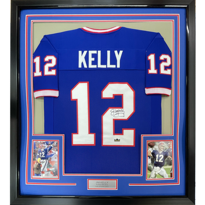 Framed Facsimile Autographed Jim Kelly 35x39 Buffalo Blue Reprint Laser Auto Football Jersey