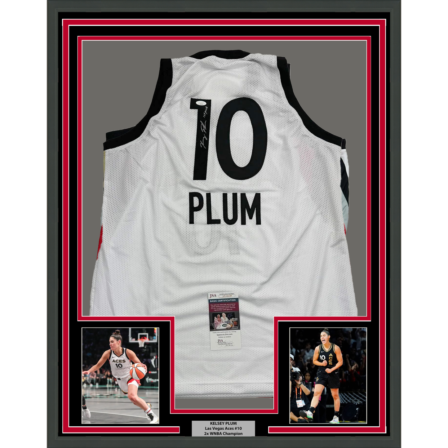 Framed Autographed/Signed Kelsey Plum 35x39 "1st Pick" Las Vegas White Basketball Jersey JSA COA