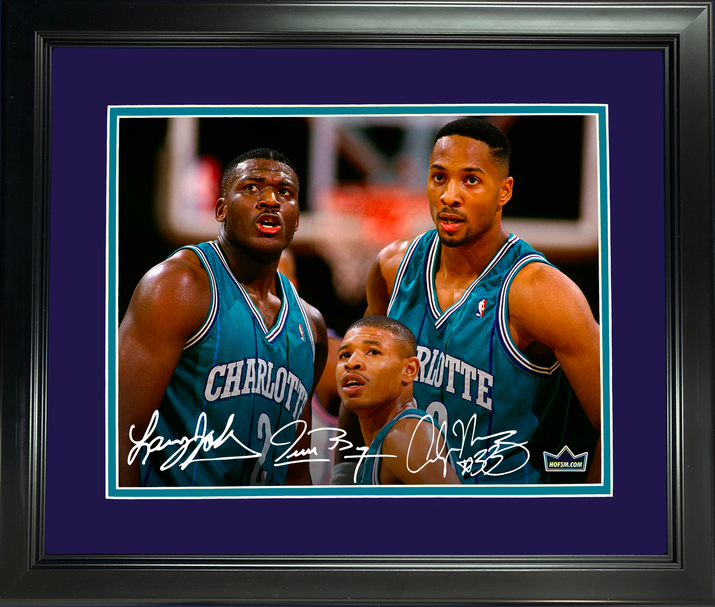 Framed Larry Johnson, Muggsy Bogues & Alonzo Mourning Facsimile Laser Engraved Signature Auto Charlotte Hornets 11"x14" Basketball Photo HOFSM Holo