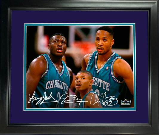 Framed Larry Johnson, Muggsy Bogues & Alonzo Mourning Facsimile Laser Engraved Signature Auto Charlotte Hornets 11"x14" Basketball Photo HOFSM Holo