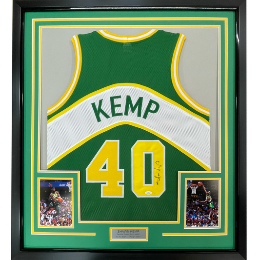 Framed Autographed/Signed Shawn Kemp 35x39 Seattle Green Basketball Jersey JSA COA