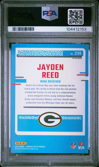 Graded 2023 Panini Donruss Optic Jayden Reed #239 Blue Hyper Rookie RC Football Card PSA 10 Gem Mint