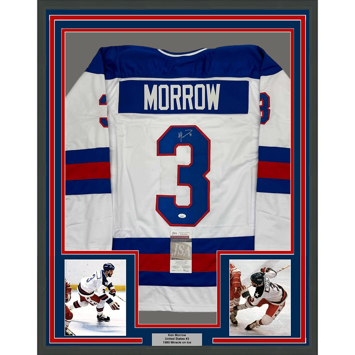 Framed Autographed/Signed Ken Morrow 35x39 1980 Miracle On Ice United States White Hockey Jersey JSA COA
