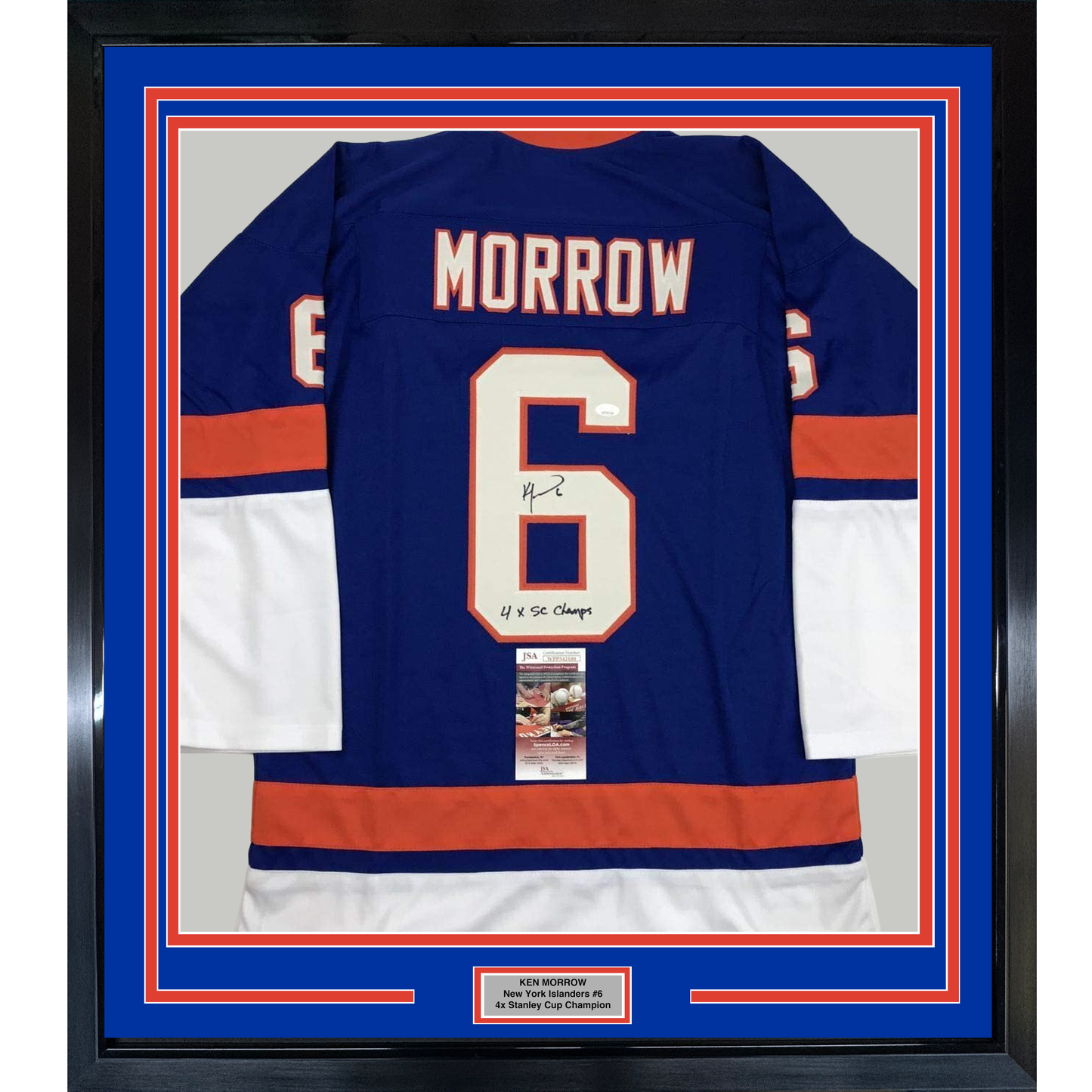 Framed Autographed/Signed Ken Morrow 4x SC Champs 35x39 New York Blue Hockey Jersey JSA COA