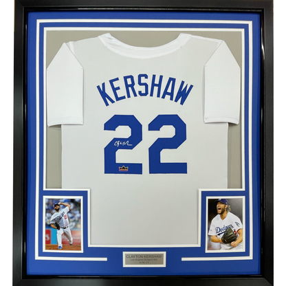 Framed Facsimile Autographed Clayton Kershaw 35x39 Los Angeles LA White Reprint Laser Auto Baseball Jersey