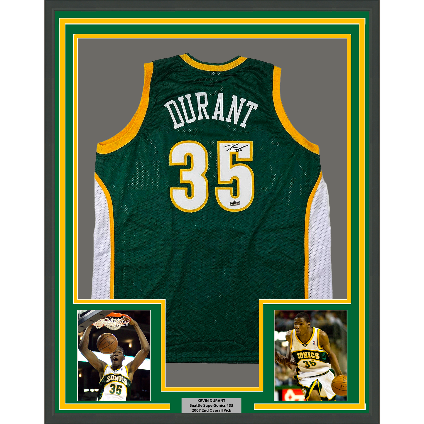 Framed Facsimile Autographed Kevin Durant 35x39 Seattle Rookie Green Reprint Laser Auto Basketball Jersey