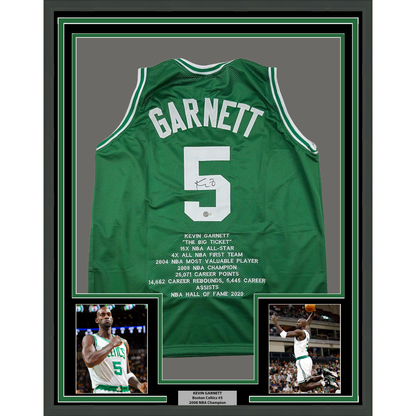 Framed Autographed/Signed Kevin Garnett 35x39 Boston Green Stat Basketball Jersey Beckett BAS COA