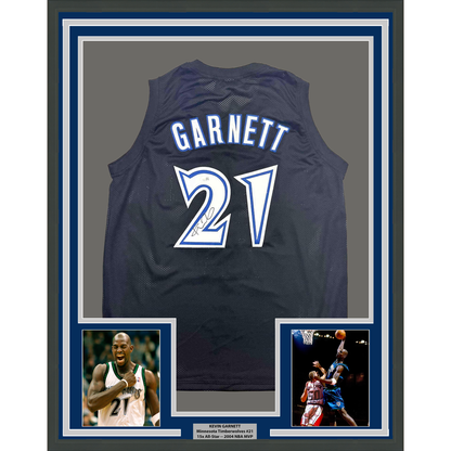 Framed Autographed/Signed Kevin Garnett 35x39 Minnesota Black Basketball Jersey Beckett BAS COA