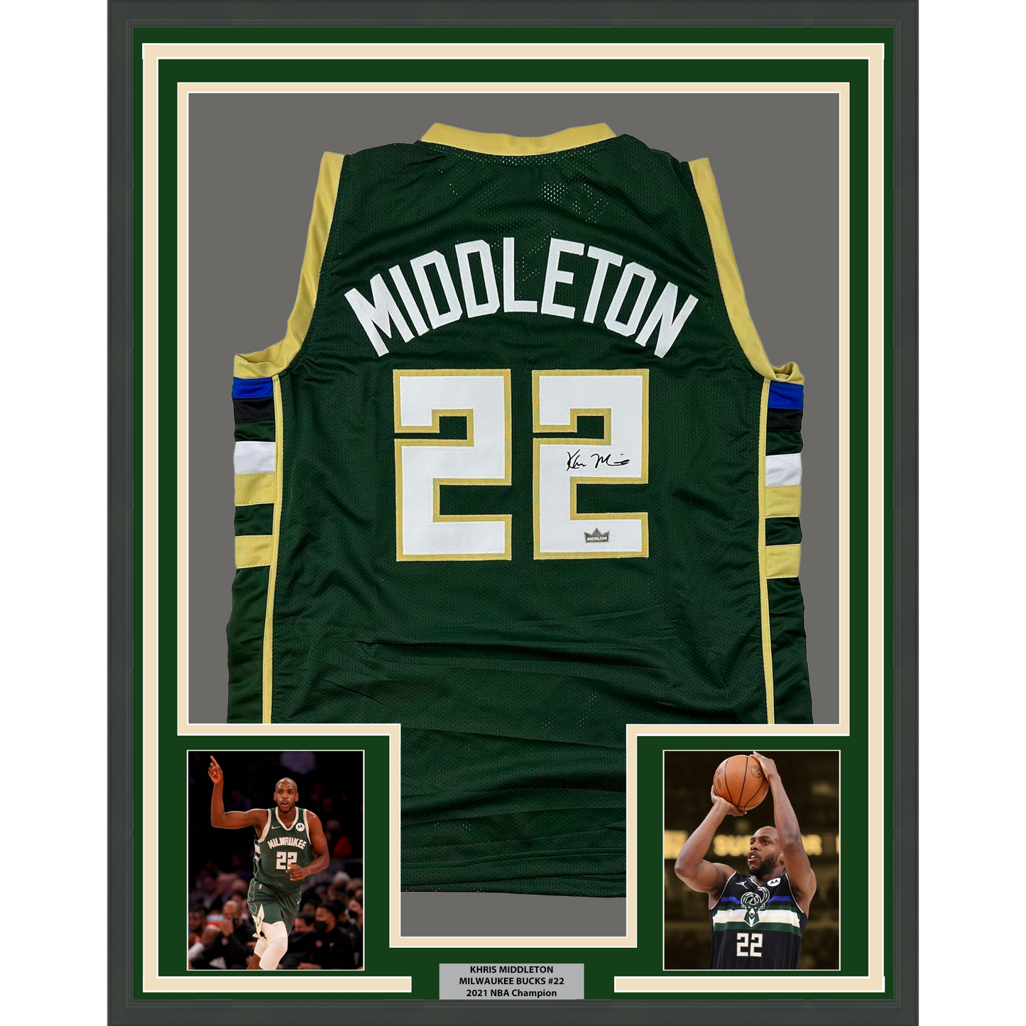 Framed Facsimile Autographed Khris Middleton 35x39 Milwaukee Green Reprint Laser Auto Basketball Jersey