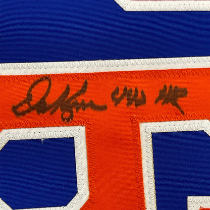 Framed Autographed/Signed Dave Kingman 35x39 442 HR New York Blue Baseball Jersey JSA COA
