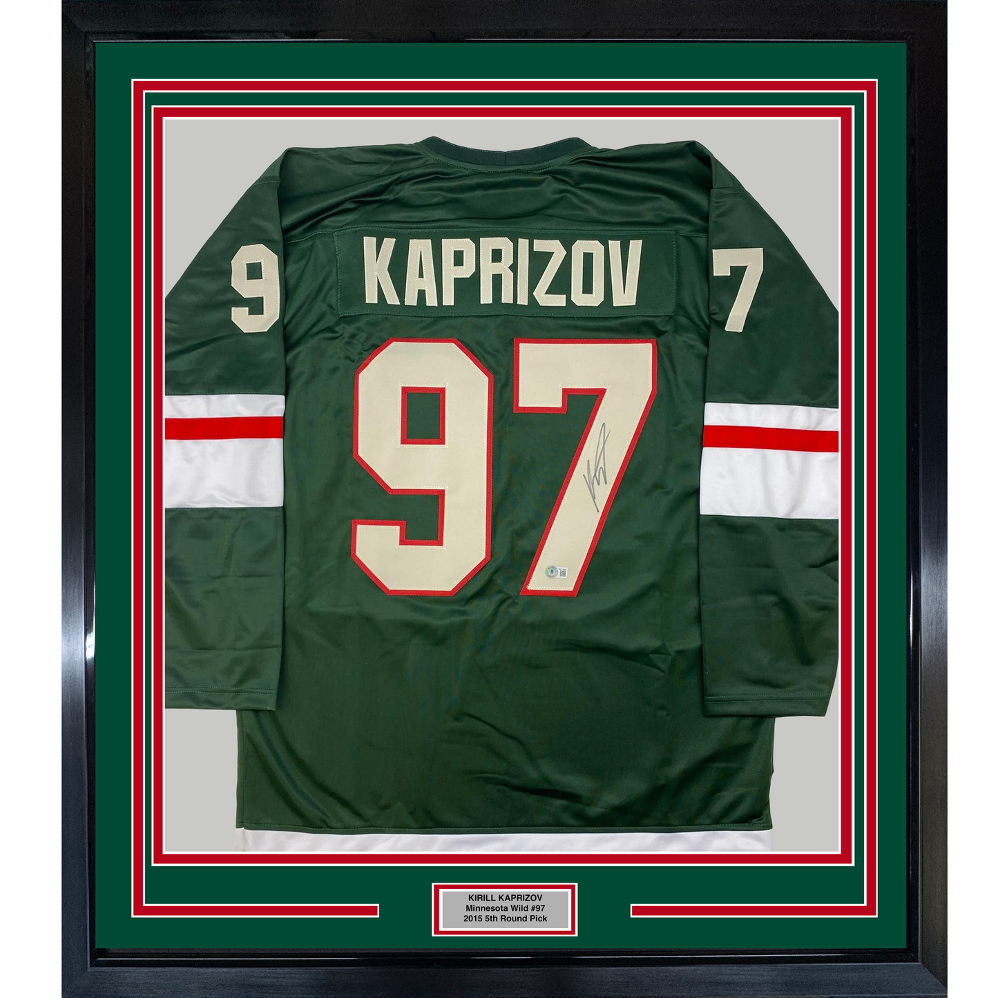 Framed Autographed/Signed Kirill Kaprizov 35x39 Minnesota Green Hockey Jersey Beckett BAS COA