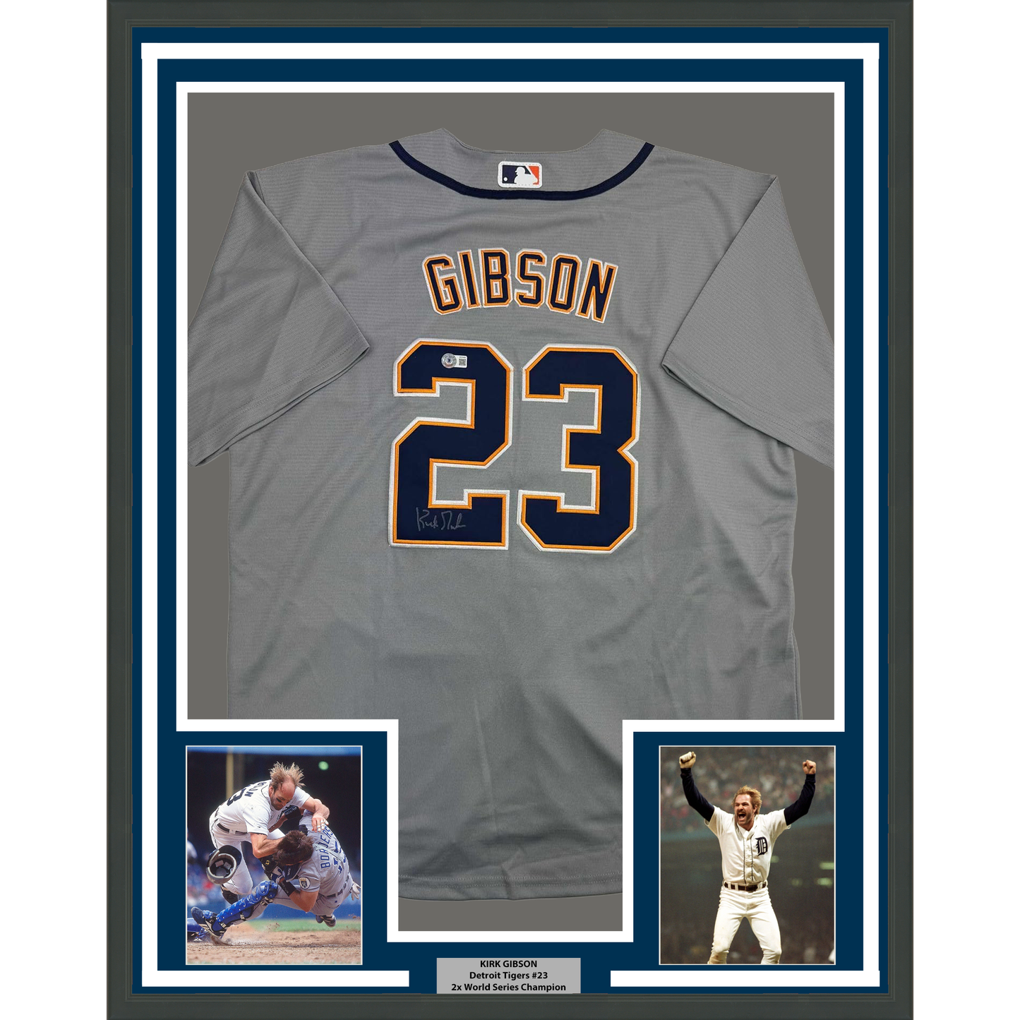 Framed Autographed/Signed Kirk Gibson 35x39 Detroit Tigers Grey Baseball Jersey Beckett BAS COA